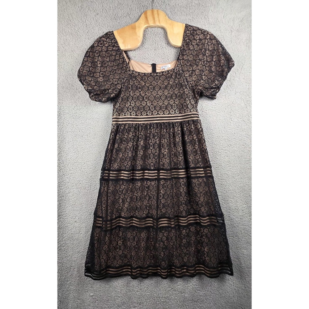 Polagram Black Lace Midi Dress with Puff Sleeves and Striped Waist fits like 2x